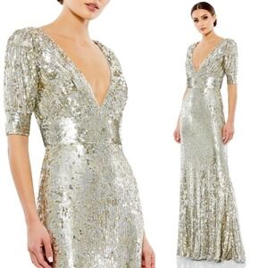 Mac Duggal NEW Platinum Silver Gold Stripe Sequined Half Sleeve Gown 4707 Size 6